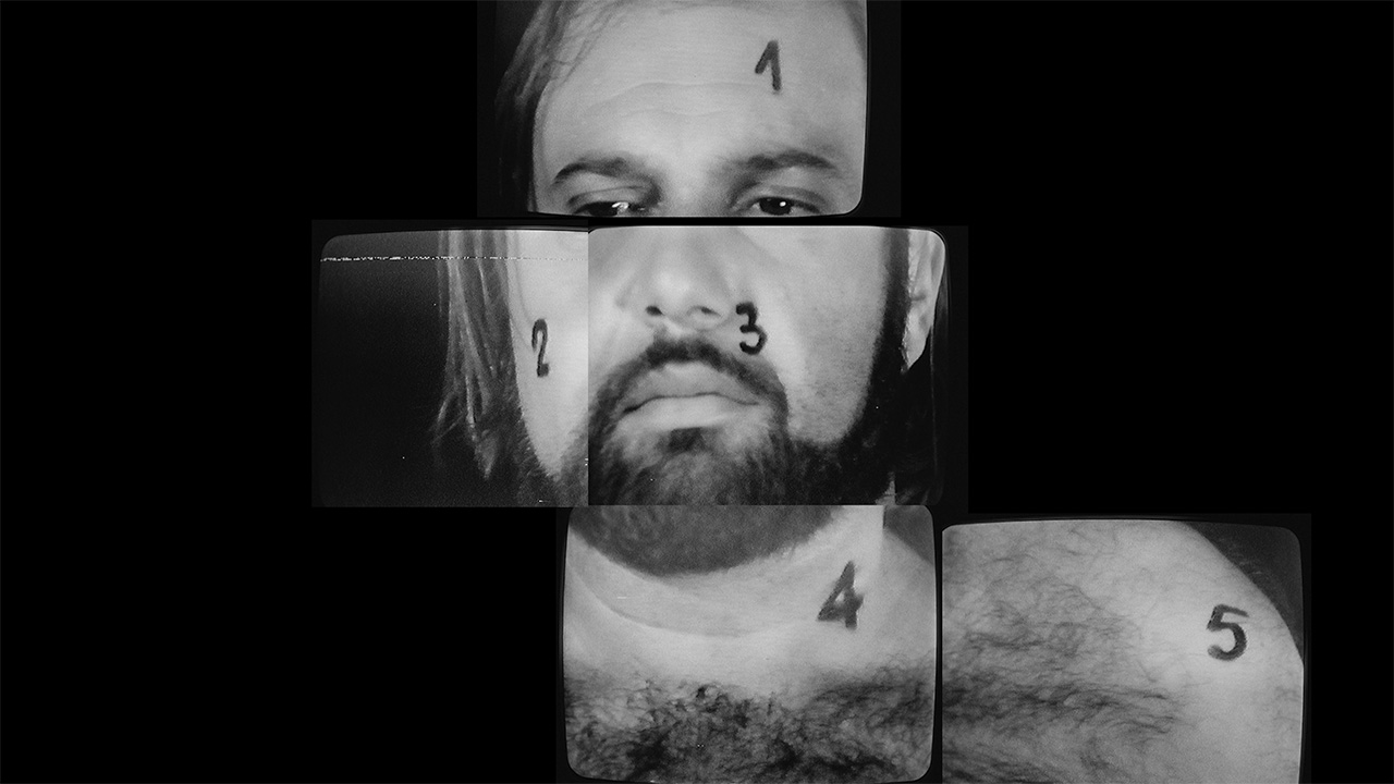 Headshot of man broken apart with 5 different sections of the photo. Overall creepy