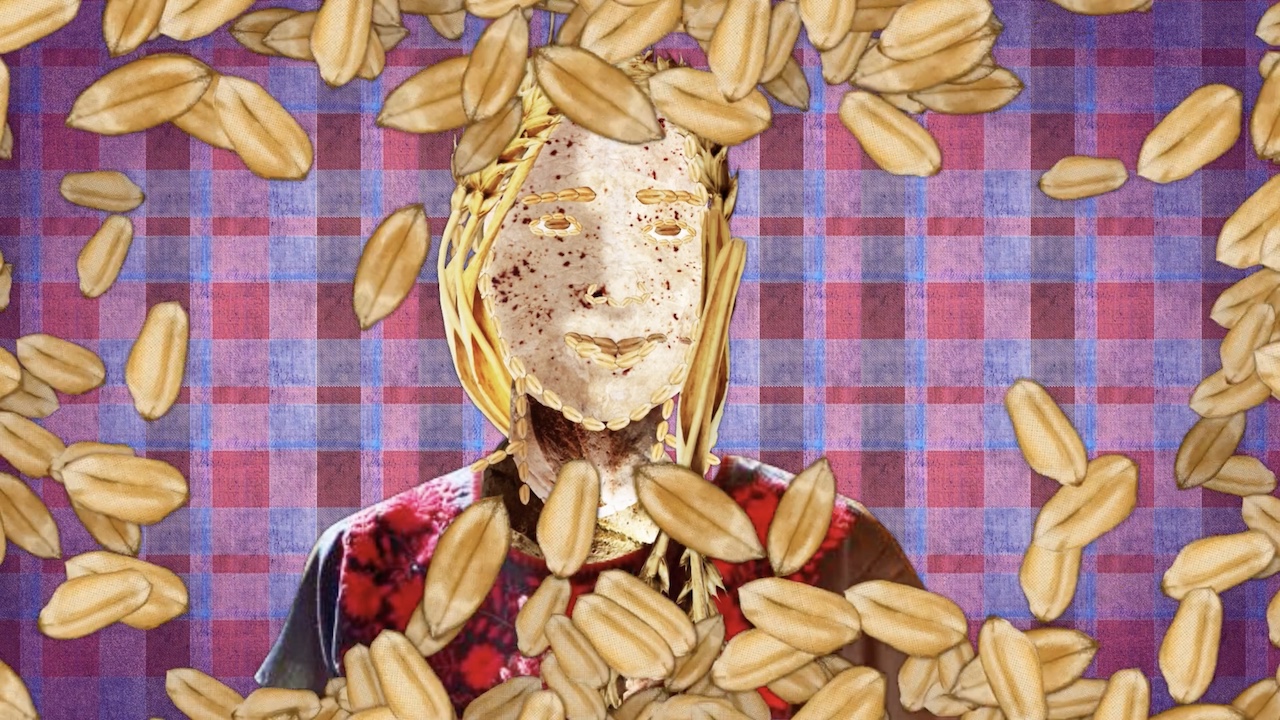 Drawn image of person made out of different types of bread