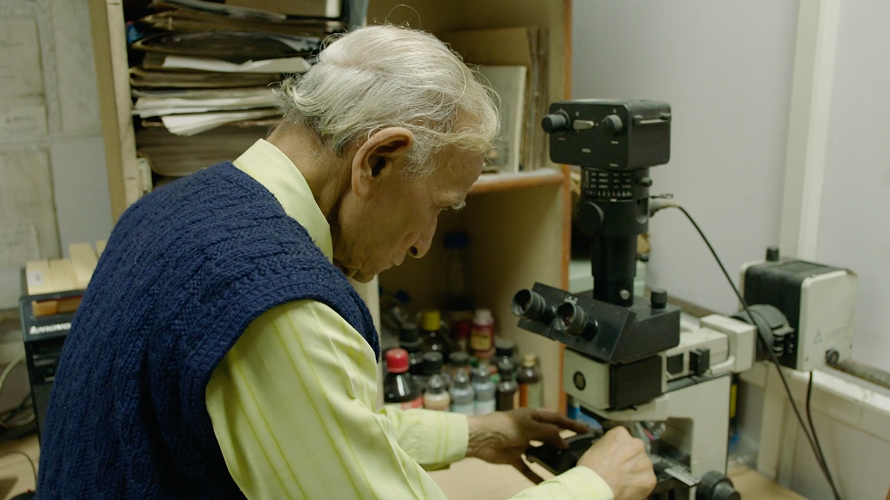 Man with thinning grey hair wearing sweater vest fiddling with a microscope 