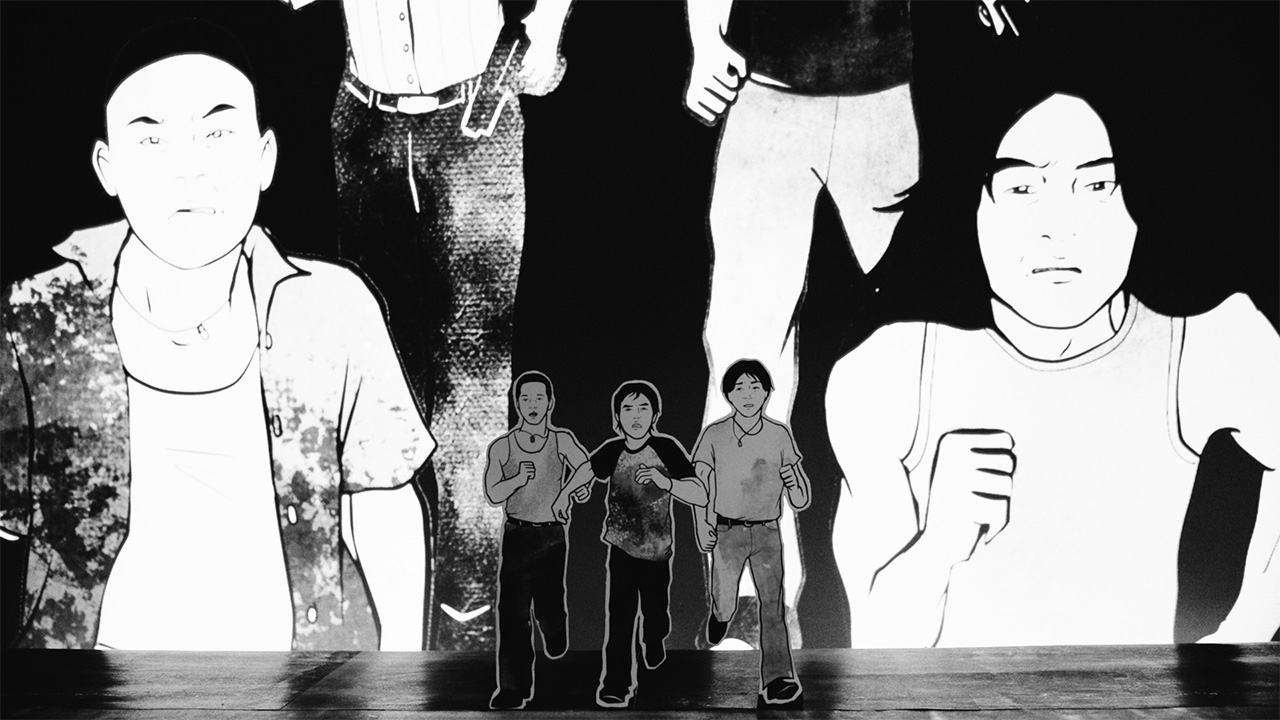 Three cartoon young men running forward the viewer with older versions of themselves in the background