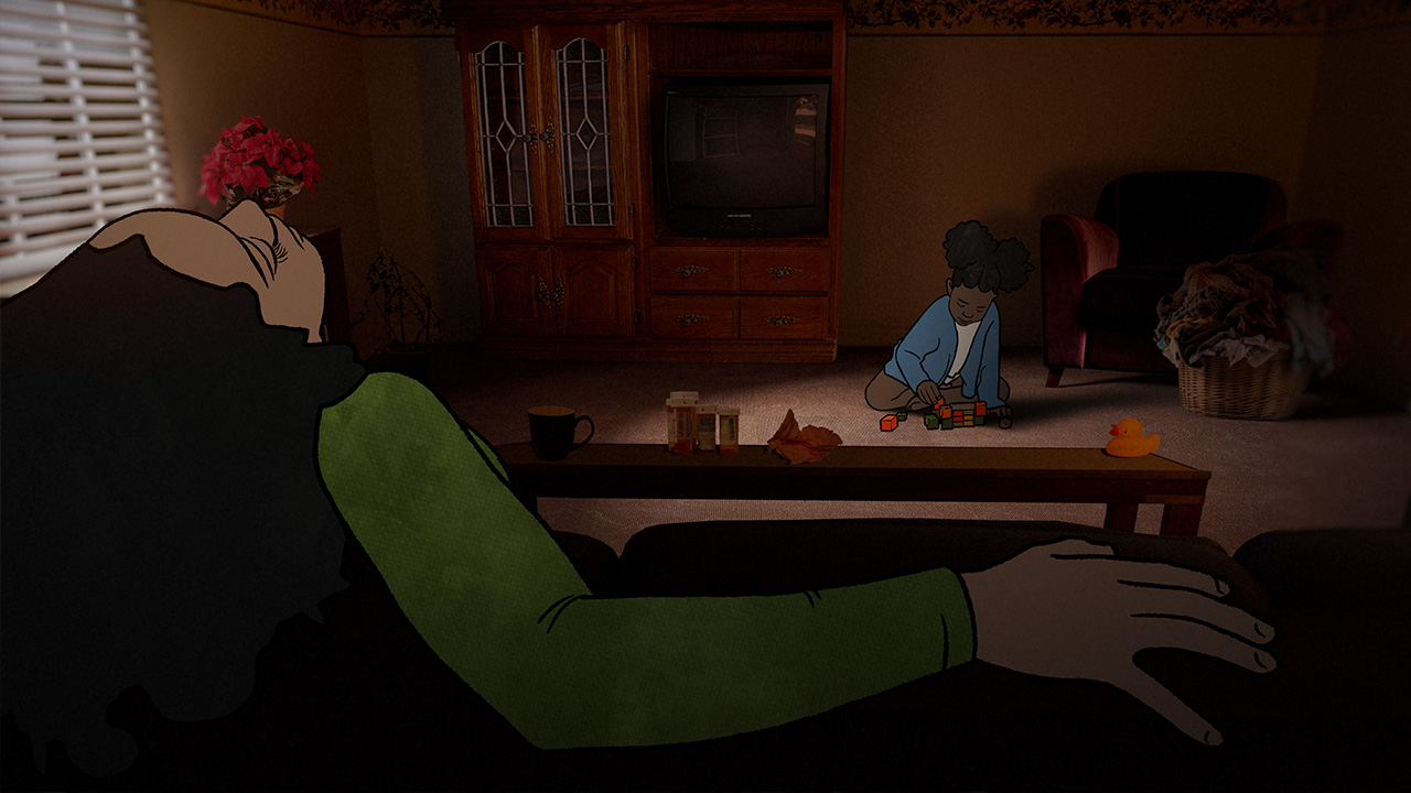 Woman sitting with head thrown back on couch with her child playing on carpet in living room in front of her